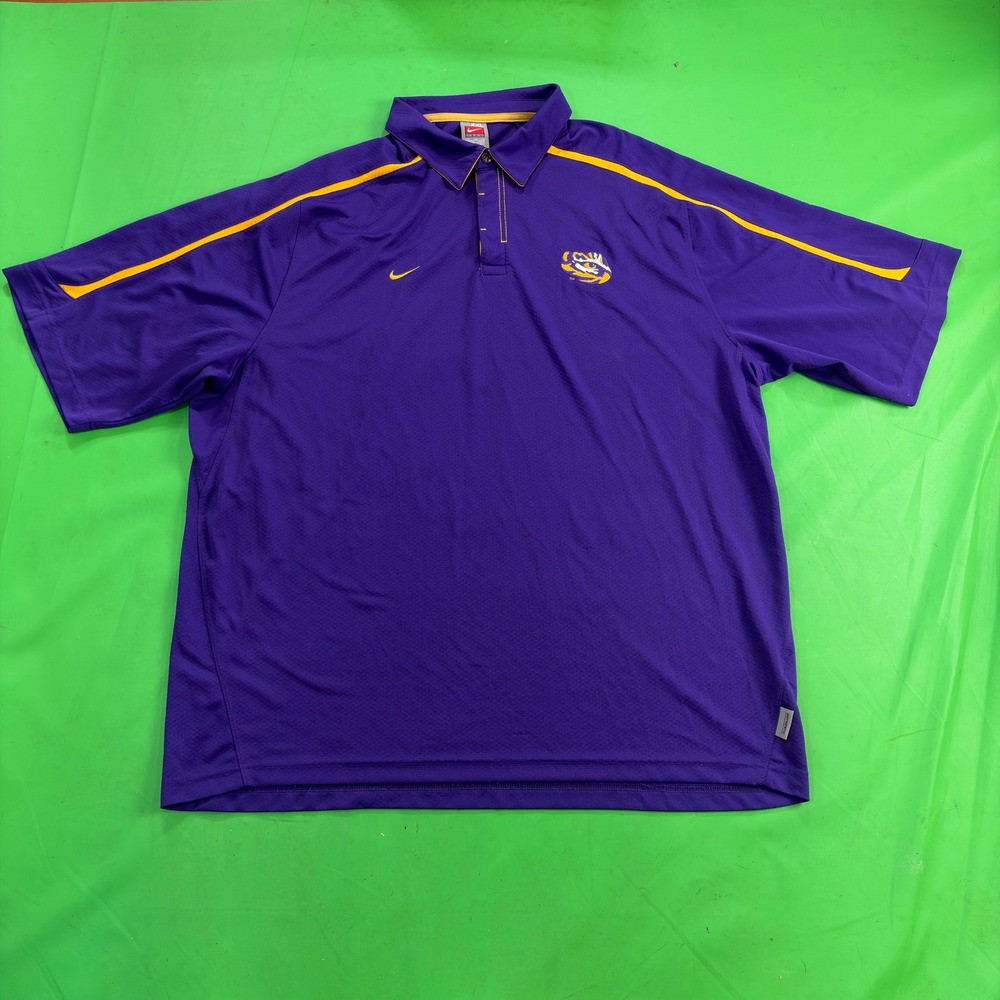 VTG Y2K LSU Tigers Nike Performance Polo Mens 2XL Purple/Gold Dri-FIT Golf Shirt